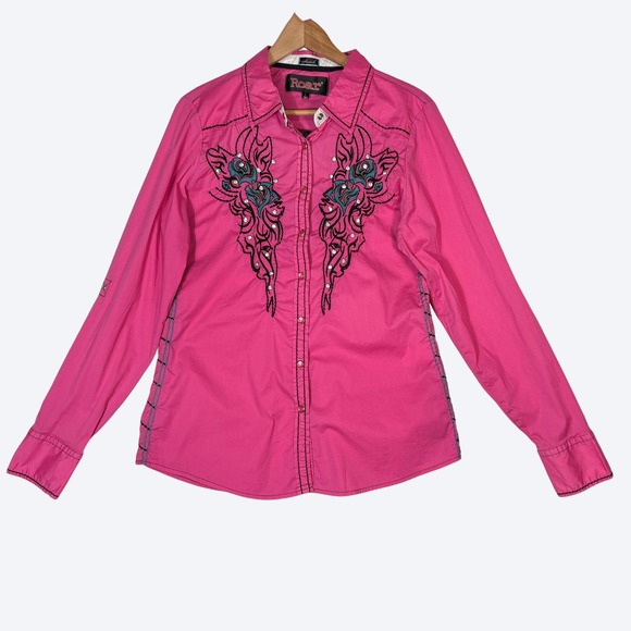 Roar Rodeo Shirt Womens L Pink Western Embellished Rhinestone Cowgirl Colorful - Picture 2 of 10